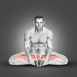 3D male figure in seated abductor stretch