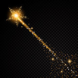 Gold glittering star dust trail sparkling particles on transparent background. Space comet tail. Vector glamour fashion illustration.
