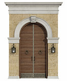 Front view of a medieval portal with wooden door