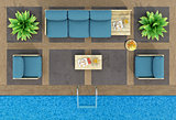 Top view of pallet sofa by the pool