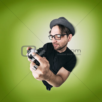 Funny man with hat and photocamera selfie laugh