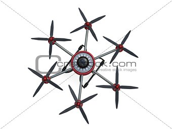 Red and gray hexacopter isolated on a white background. 3d illustration.