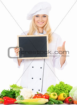 Woman cook with small blackboard