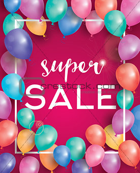 Super sale poster on red background with flying balloons