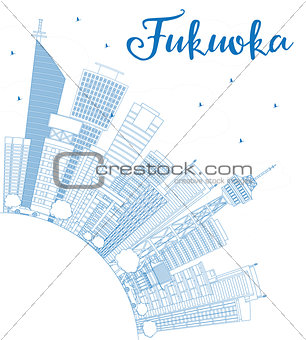 Outline Fukuoka Skyline with Blue Landmarks and Copy Space. 