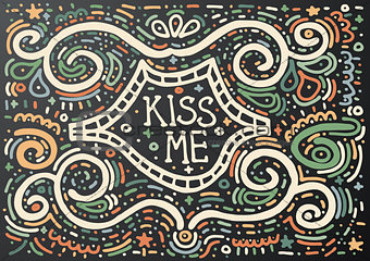 Kiss me. Hand drawn vintage print with decorative outline text. 