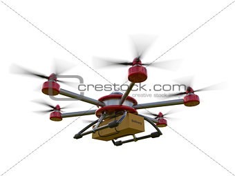 Red and gray hexacopter isolated on a white background. Shipping to home. Flying courier. 3d illustration.