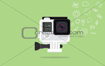 gopro camera isolated with green background and icon data collection