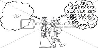 sketch, girl and guy, their thoughts, vector image