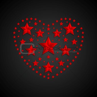 Heart symbol made of red stars on black background