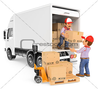 3D Workers unloading boxes from a truck