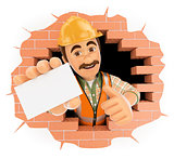 3D Worker coming out a wall hole with a blank card