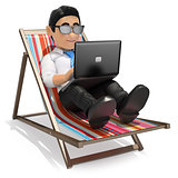 3D Businessman working in the beach with his laptop
