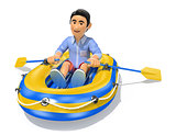 3D Young man in shorts paddling a inflatable boat