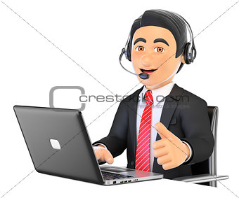 3D Call center employee working with thumb up