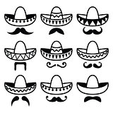 Mexican Sombrero hat with moustache or mustache icons