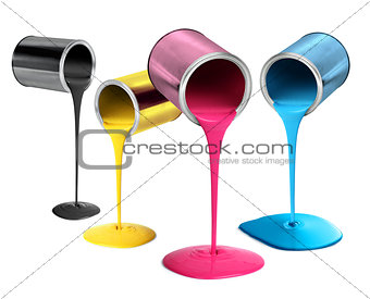 Metal tin cans pouring cmyk color paint