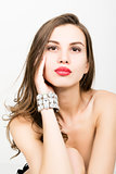 close-up of sexy elegant fashionable woman with jewelry bracelet