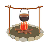 Pot on bonfire vector illustration.