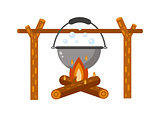 Pot on bonfire vector illustration.