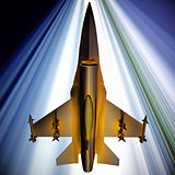 Fighter jet flying against a blue sky, 3d illustration