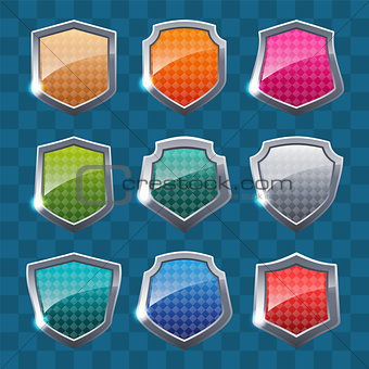 Collection of colorful shields on colorful background.