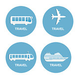 Vector illustration of colorful transport related icons. Bus ship, train, jet travel symbol