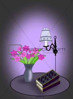 Lamp, Books and Flowers.
