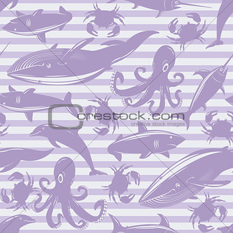Seamless pattern with sea animals on violet striped background