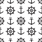 Seamless pattern with steering wheel and anchor on white background.