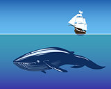 Sailing ship and huge whale in deep