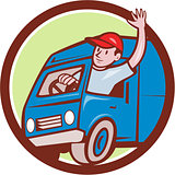 Delivery Man Waving Driving Van Circle Cartoon 