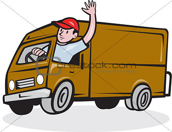 Delivery Man Waving Driving Van Cartoon 