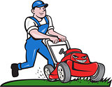 Gardener Mowing Lawn Mower Cartoon