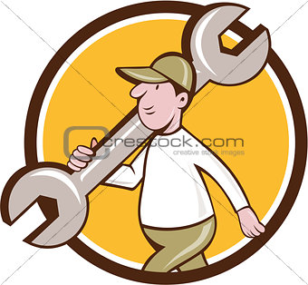Mechanic Monkey Wrench Walking Circle Cartoon