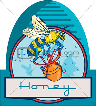 Bee Carrying Honey Pot Skep Circle Retro