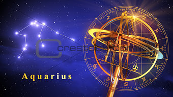 Armillary Sphere And Constellation Aquarius Over Blue Background