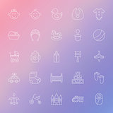Baby and Toys Line Icons Set over Blurred Background