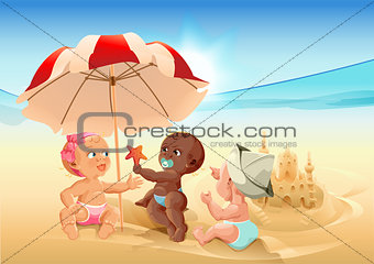 Three baby playing on beach