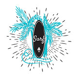 Surf board and palm trees emblem tshirt print vector graphics.