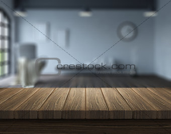 3D wooden table looking out to a  modern apartment setting