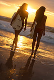 Woman Bikini Surfer Girls & Surfboards Sunset Beach