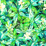 Bright colorful tropical seamless background with leaves and flowers