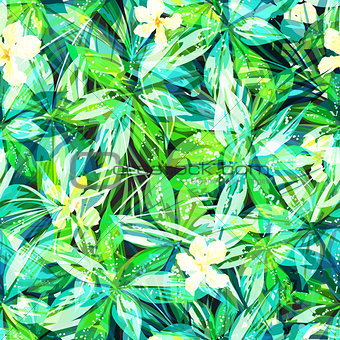 Bright colorful tropical seamless background with leaves and flowers