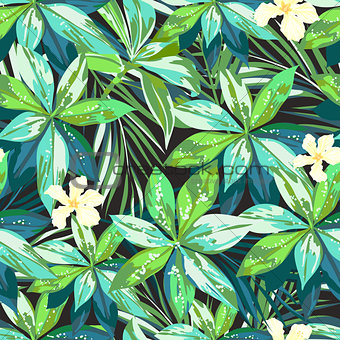 Bright colorful tropical seamless background with leaves and flowers