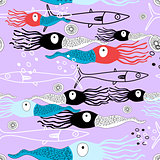Sea graphic background with squid and fish