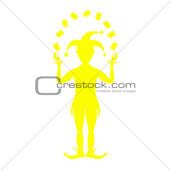 Yellow silhouette of joker playing with cards