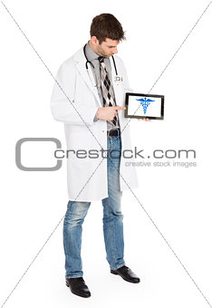 Doctor holding tablet - Caduceus symbol