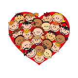 Cartoon baby faces in heart shaped frame vector face, love, smile, illustration, childhood, kid, global, associations, unions, internationally, crowd, many, society,