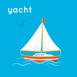 Sailing yacht on blue backdrop.
